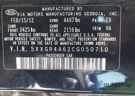 2012 Kia Optima Sx z USA, uszkodzony, nr VIN 5XXGR4A62CG050710
